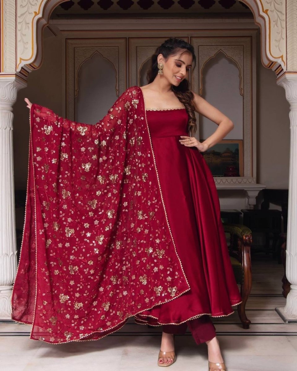 Red Partywear Anarkali Gown With Embroidered Sequin Work Duppatta & Pant - 001FASHIONFORWARD