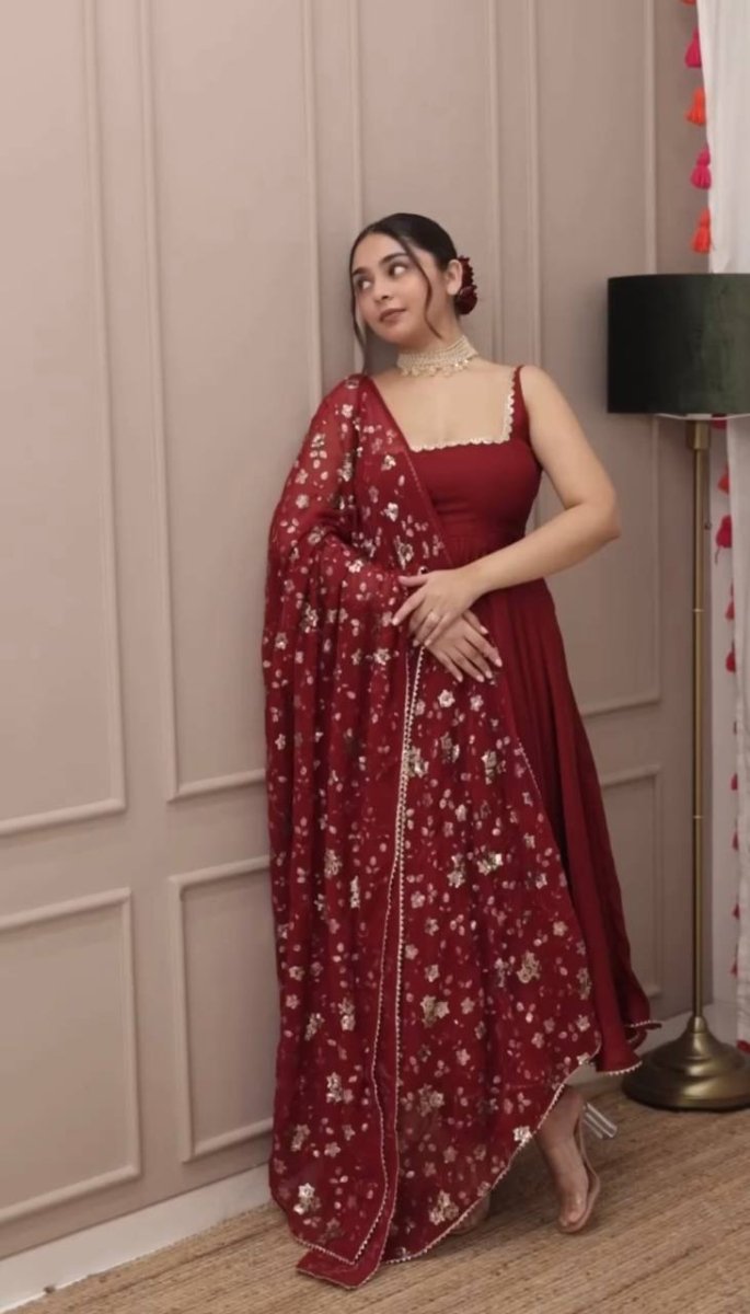 Red Partywear Anarkali Gown With Embroidered Sequin Work Duppatta & Pant - 001FASHIONFORWARD