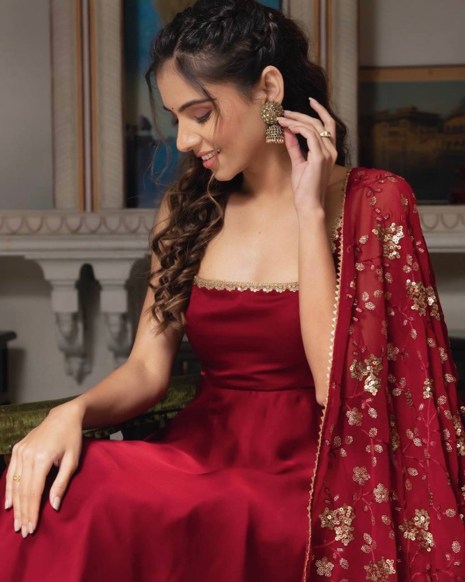 Red Partywear Anarkali Gown With Embroidered Sequin Work Duppatta & Pant - 001FASHIONFORWARD