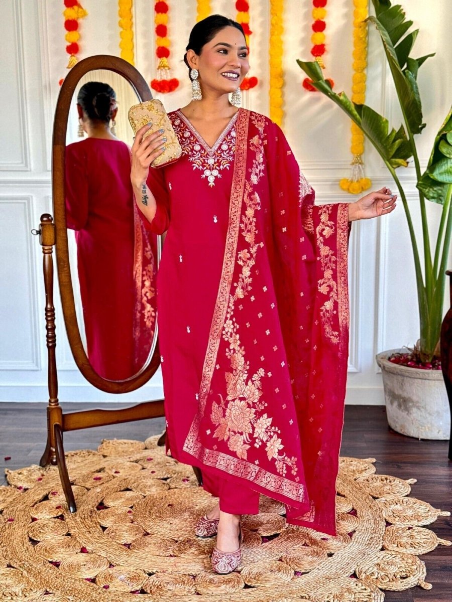 Red Viscose Chanderi Anarkali Salwar Kameez Set with Embroidered Work - 001FASHIONFORWARD