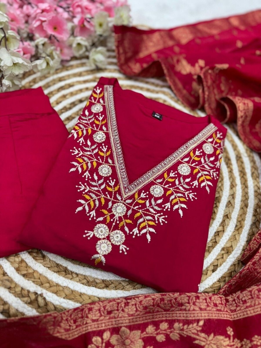 Red Viscose Chanderi Anarkali Salwar Kameez Set with Embroidered Work - 001FASHIONFORWARD