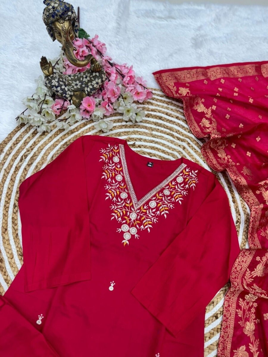 Red Viscose Chanderi Anarkali Salwar Kameez Set with Embroidered Work - 001FASHIONFORWARD
