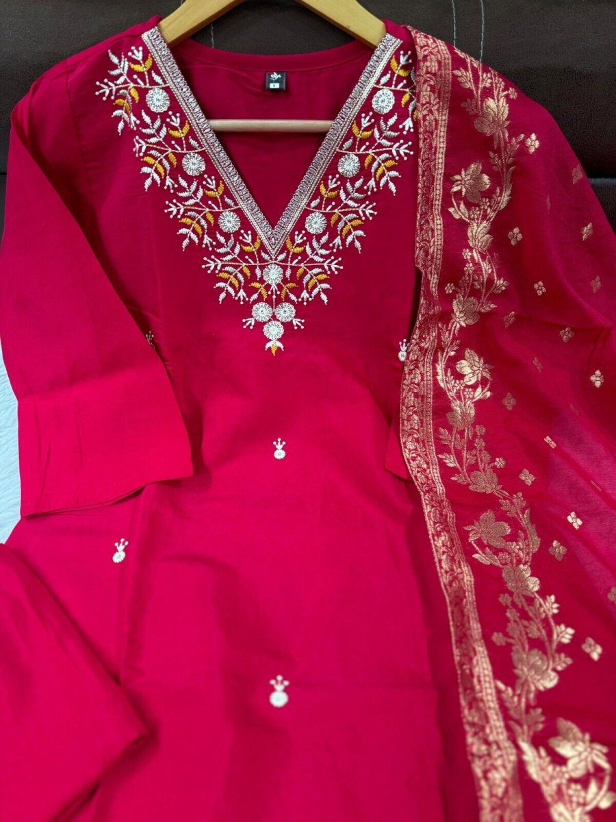 Red Viscose Chanderi Anarkali Salwar Kameez Set with Embroidered Work - 001FASHIONFORWARD