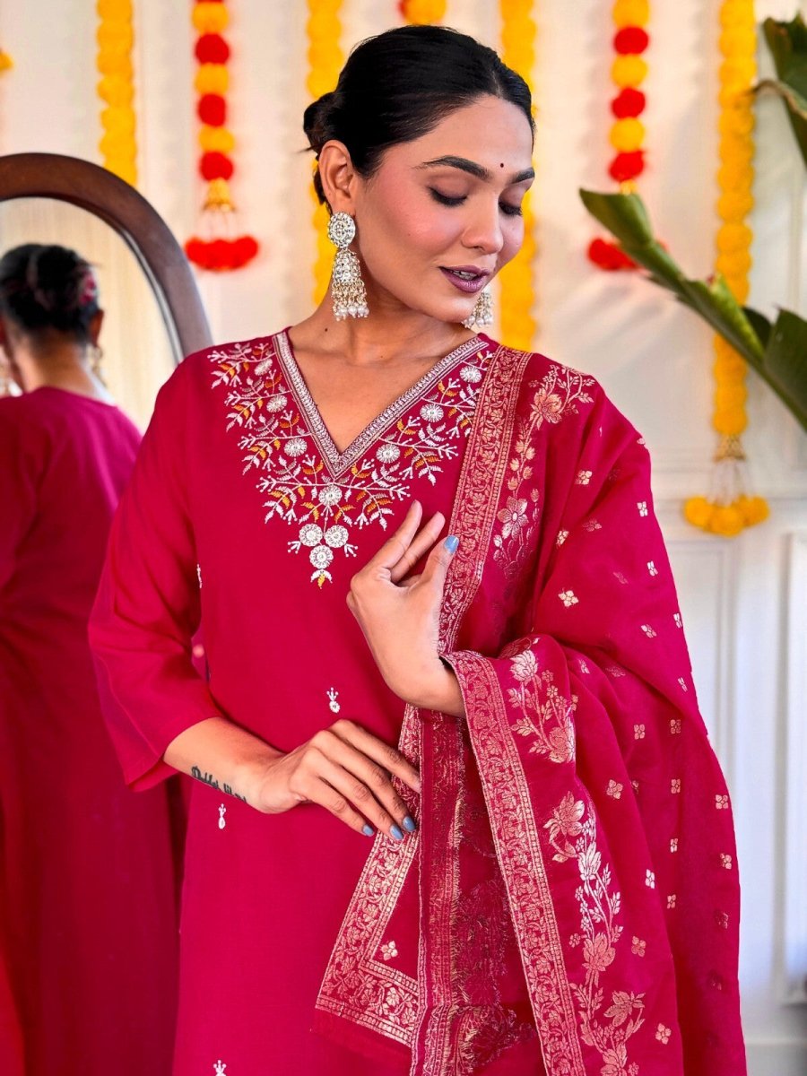 Red Viscose Chanderi Anarkali Salwar Kameez Set with Embroidered Work - 001FASHIONFORWARD