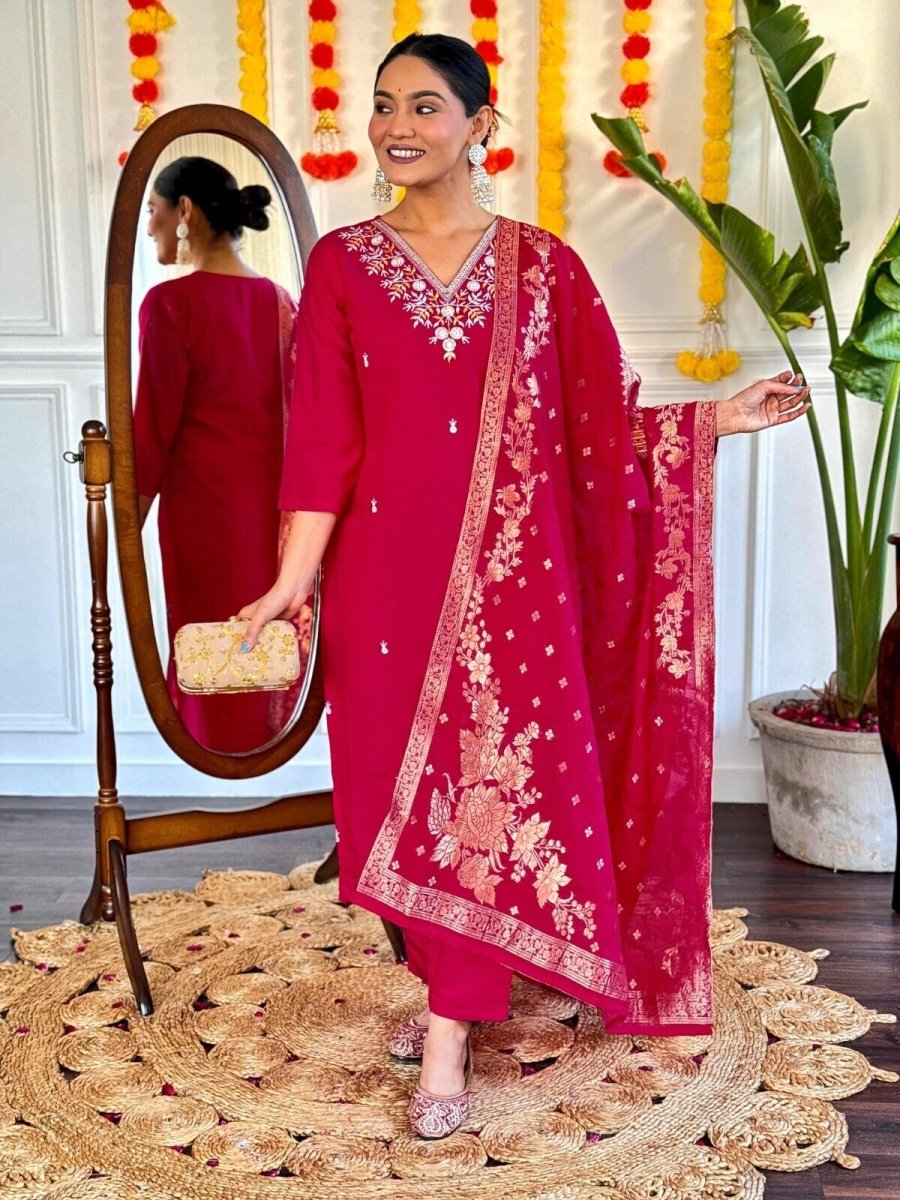 Red Viscose Chanderi Anarkali Salwar Kameez Set with Embroidered Work - 001FASHIONFORWARD