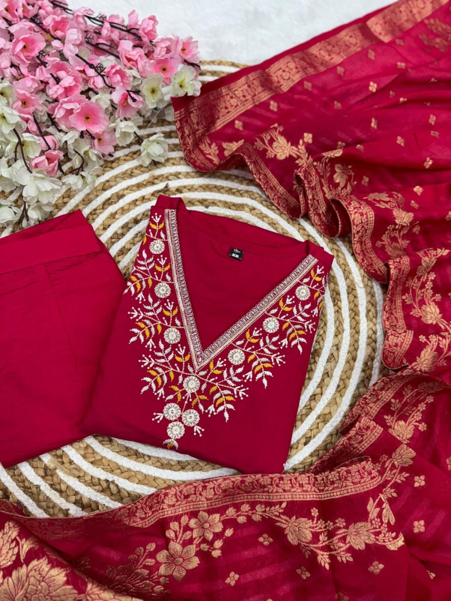 Red Viscose Chanderi Anarkali Salwar Kameez Set with Embroidered Work - 001FASHIONFORWARD