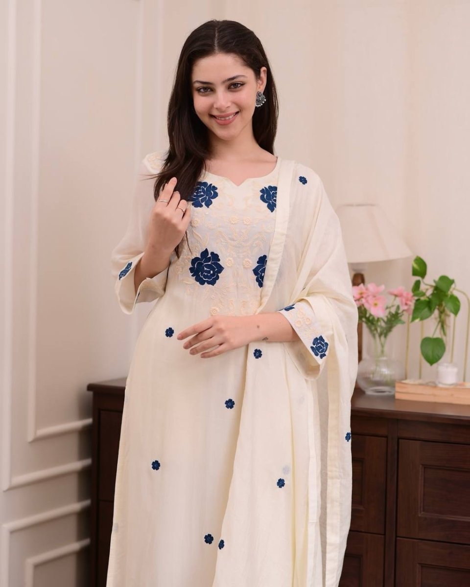 Roman Silk Designer Salwar Kameez Suit Set With Embroidery Work - 001FASHIONFORWARD
