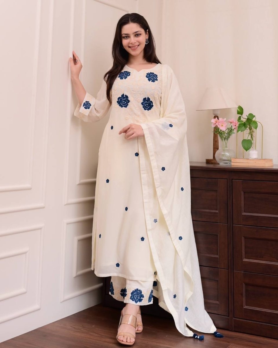 Roman Silk Designer Salwar Kameez Suit Set With Embroidery Work - 001FASHIONFORWARD