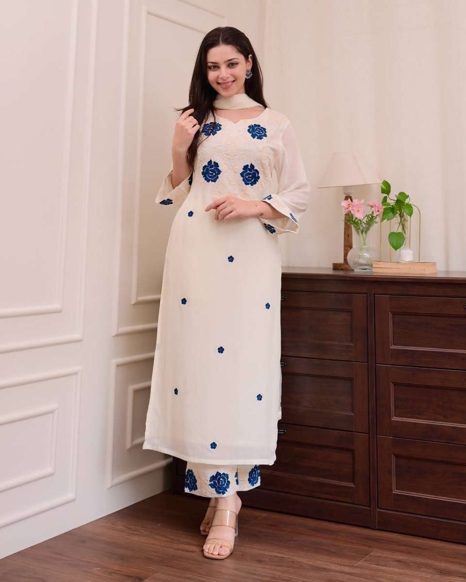 Roman Silk Designer Salwar Kameez Suit Set With Embroidery Work - 001FASHIONFORWARD