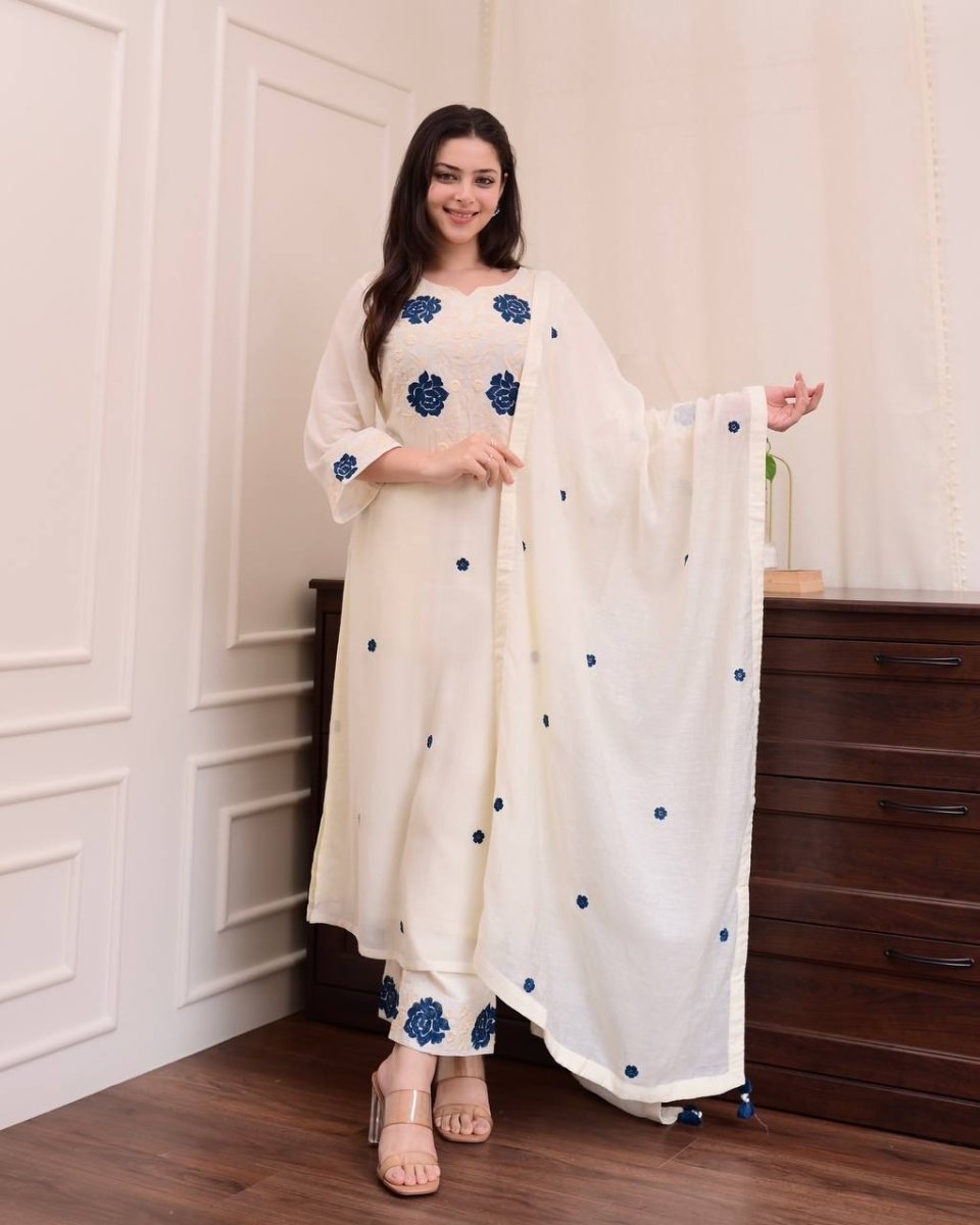 Roman Silk Designer Salwar Kameez Suit Set With Embroidery Work - 001FASHIONFORWARD