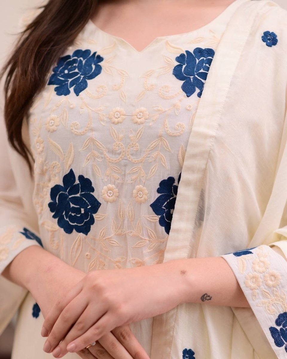 Roman Silk Designer Salwar Kameez Suit Set With Embroidery Work - 001FASHIONFORWARD