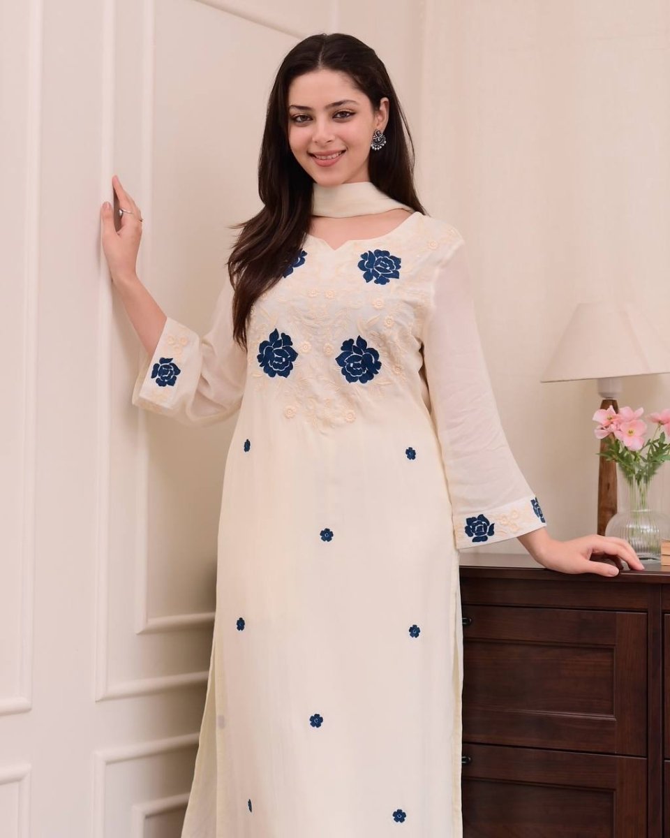Roman Silk Designer Salwar Kameez Suit Set With Embroidery Work - 001FASHIONFORWARD