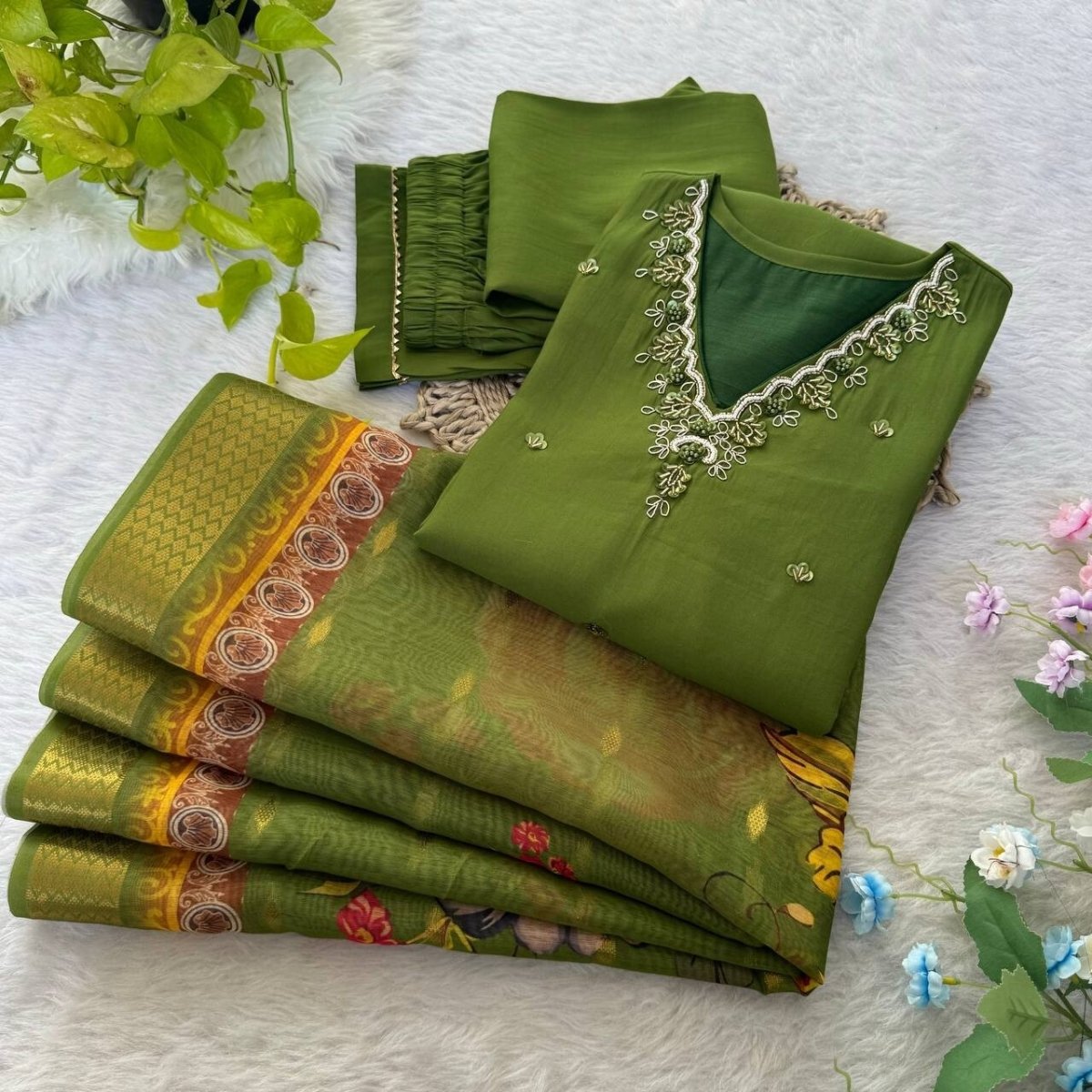 Roman Silk Kurti Pant Dupatta Set – Handwork Detailing Salwar kameez Jacquard - 001FASHIONFORWARD