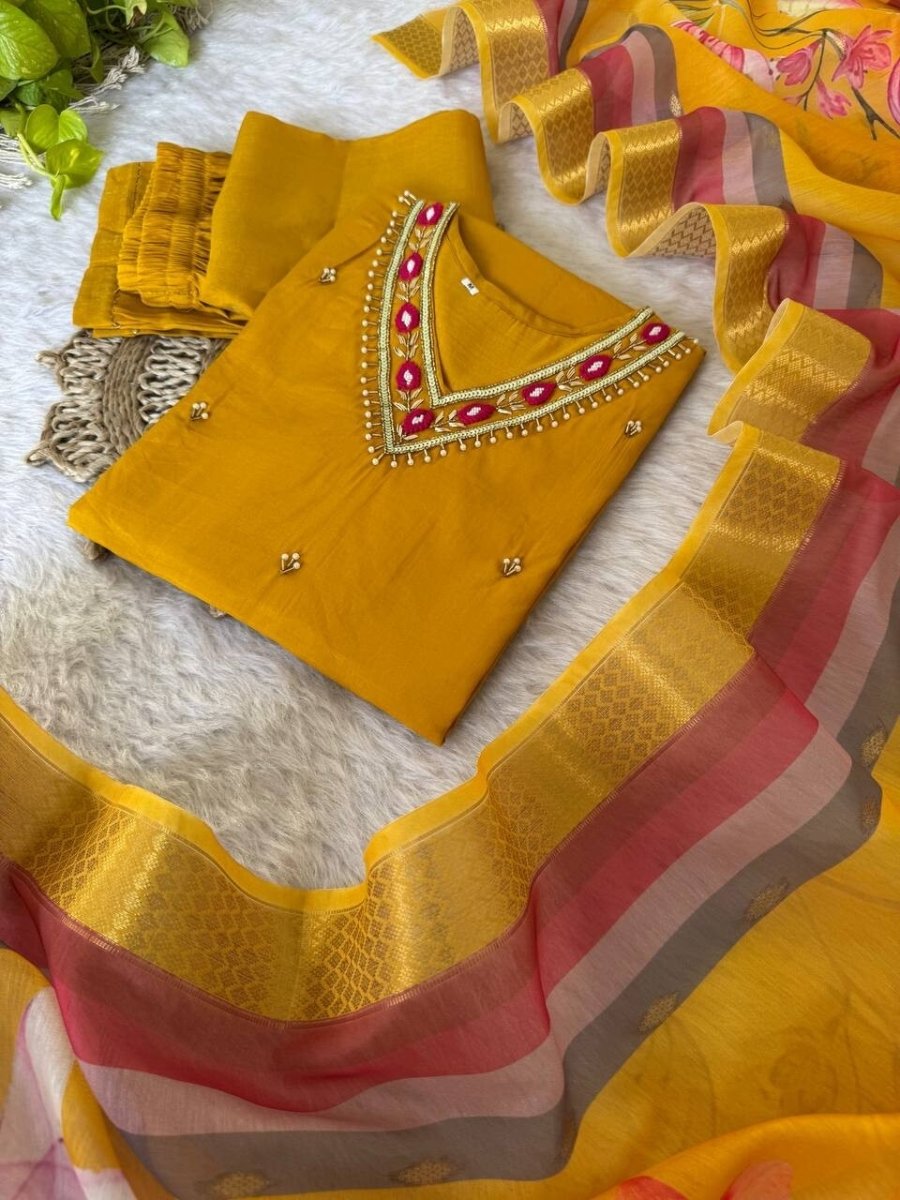 Roman Silk Kurti Pant Dupatta Set – Handwork Detailing Salwar kameez Jacquard - 001FASHIONFORWARD