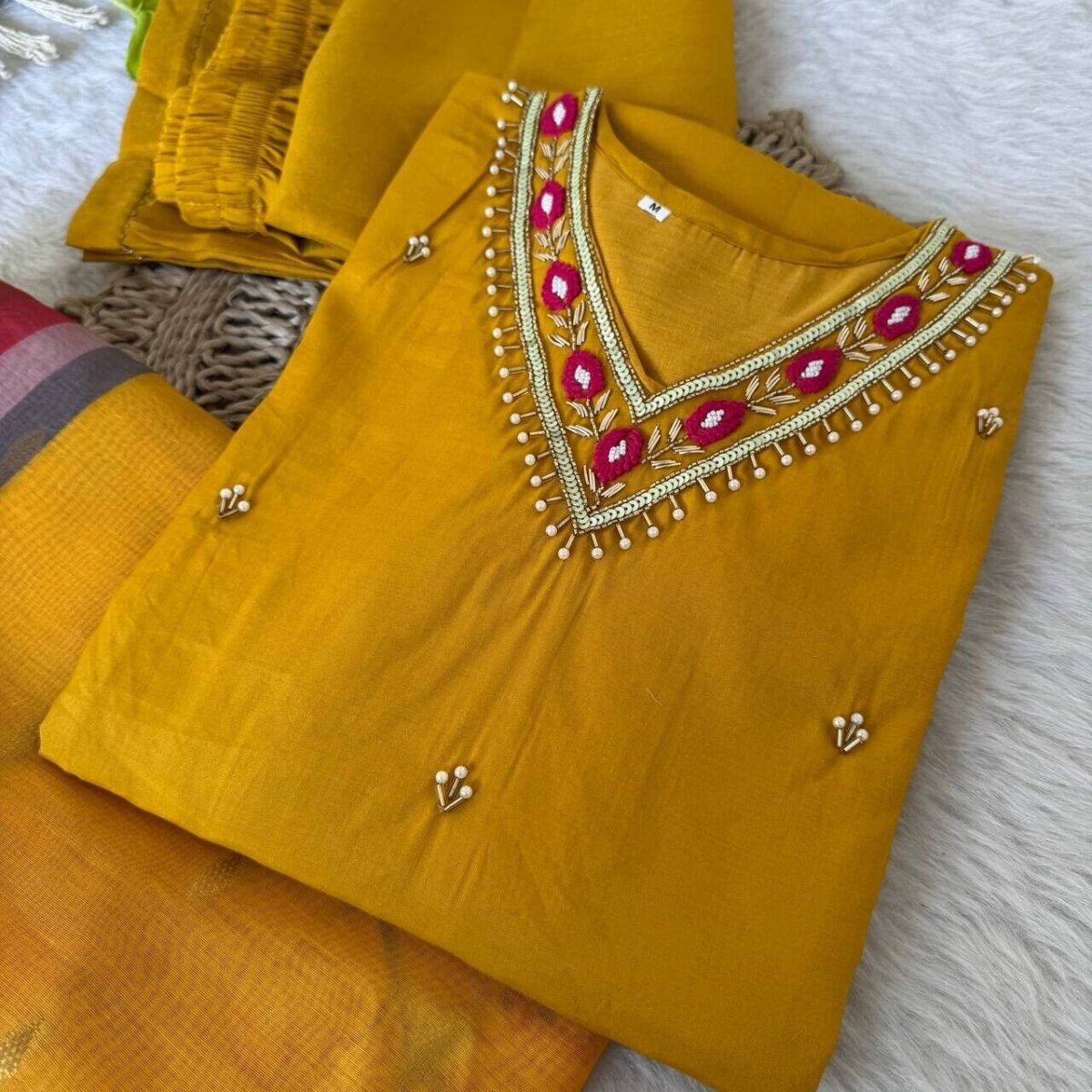 Roman Silk Kurti Pant Dupatta Set – Handwork Detailing Salwar kameez Jacquard - 001FASHIONFORWARD
