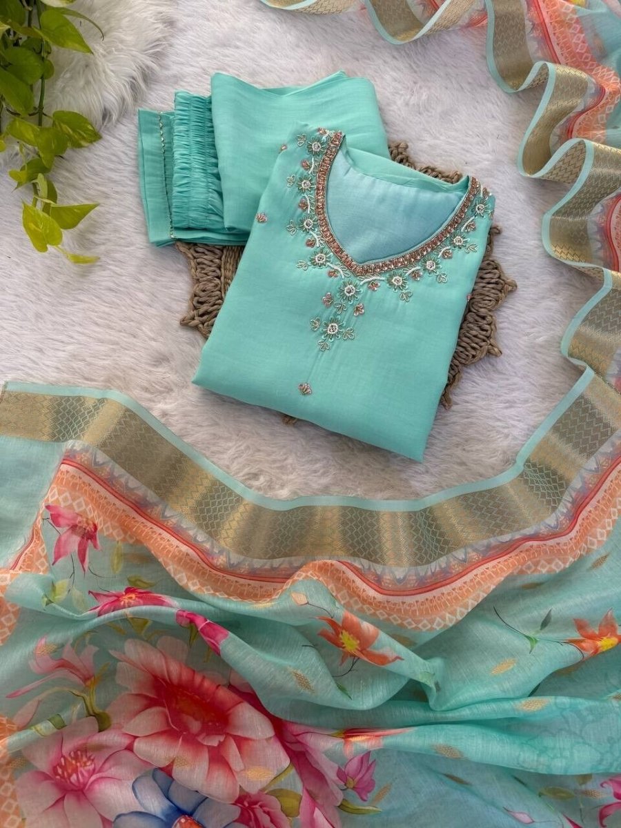 Roman Silk Kurti Pant Dupatta Set – Handwork Detailing Salwar kameez Jacquard - 001FASHIONFORWARD