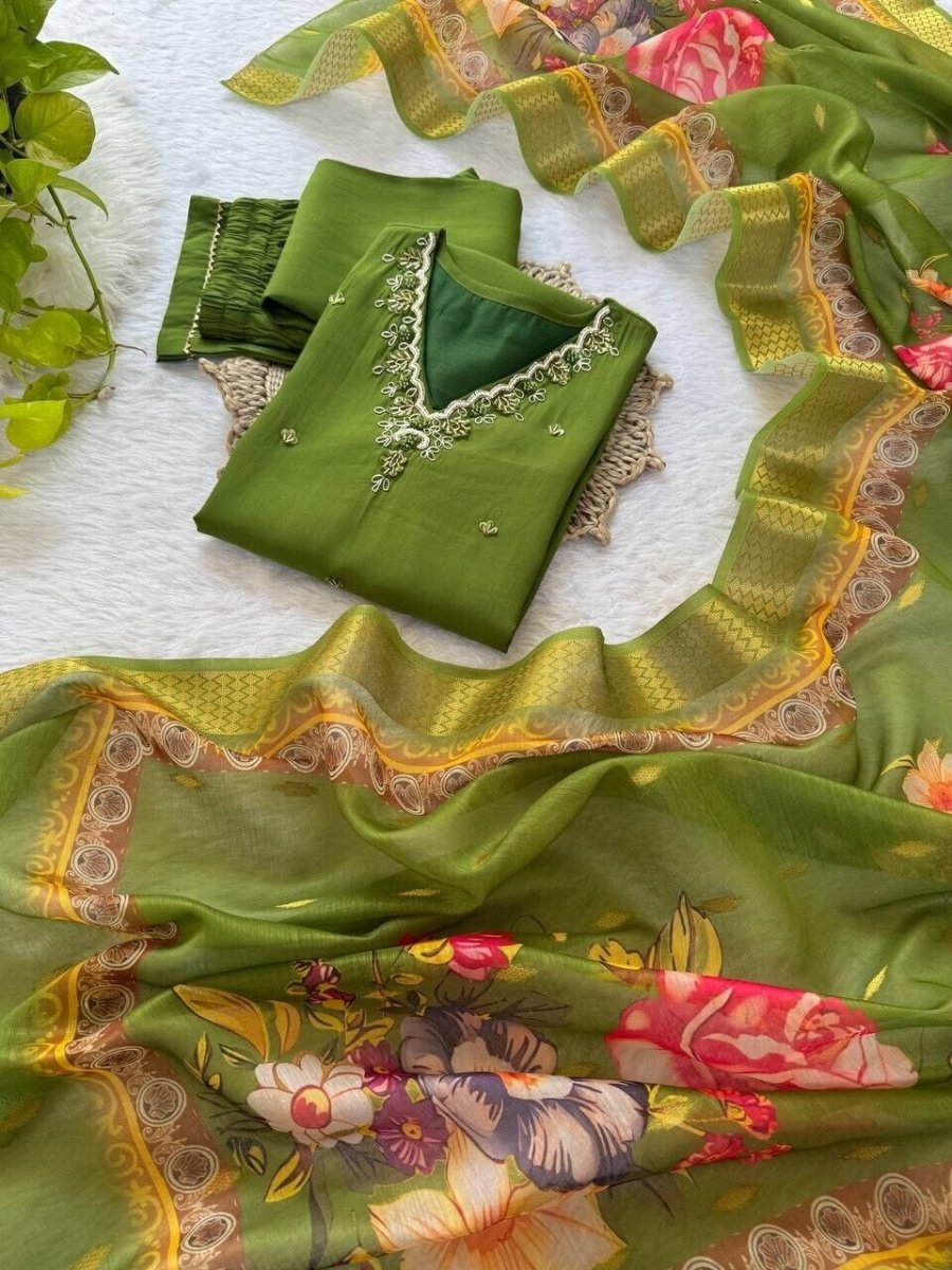 Roman Silk Kurti Pant Dupatta Set – Handwork Detailing Salwar kameez Jacquard - 001FASHIONFORWARD