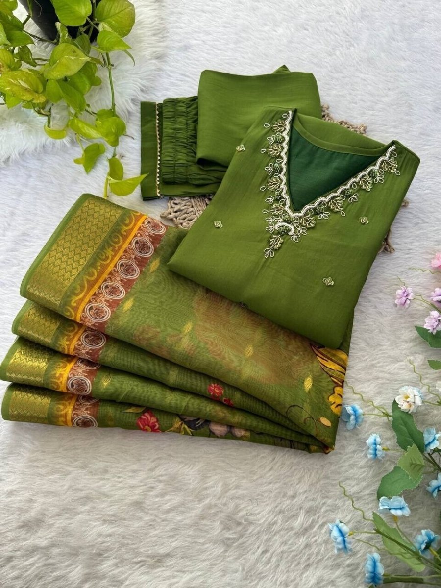 Roman Silk Kurti Pant Dupatta Set – Handwork Detailing Salwar kameez Jacquard - 001FASHIONFORWARD