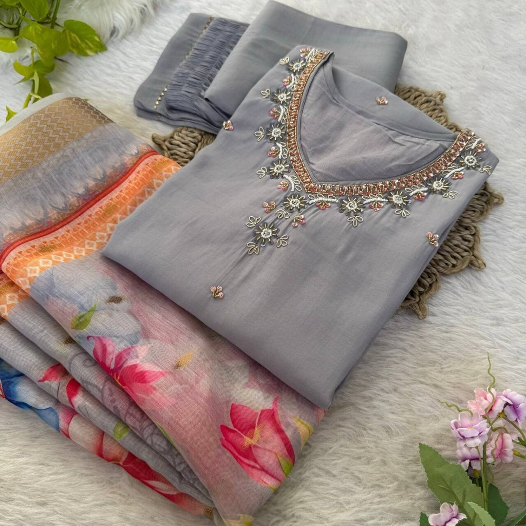 Roman Silk Kurti Pant Dupatta Set – Handwork Detailing Salwar kameez Jacquard - 001FASHIONFORWARD