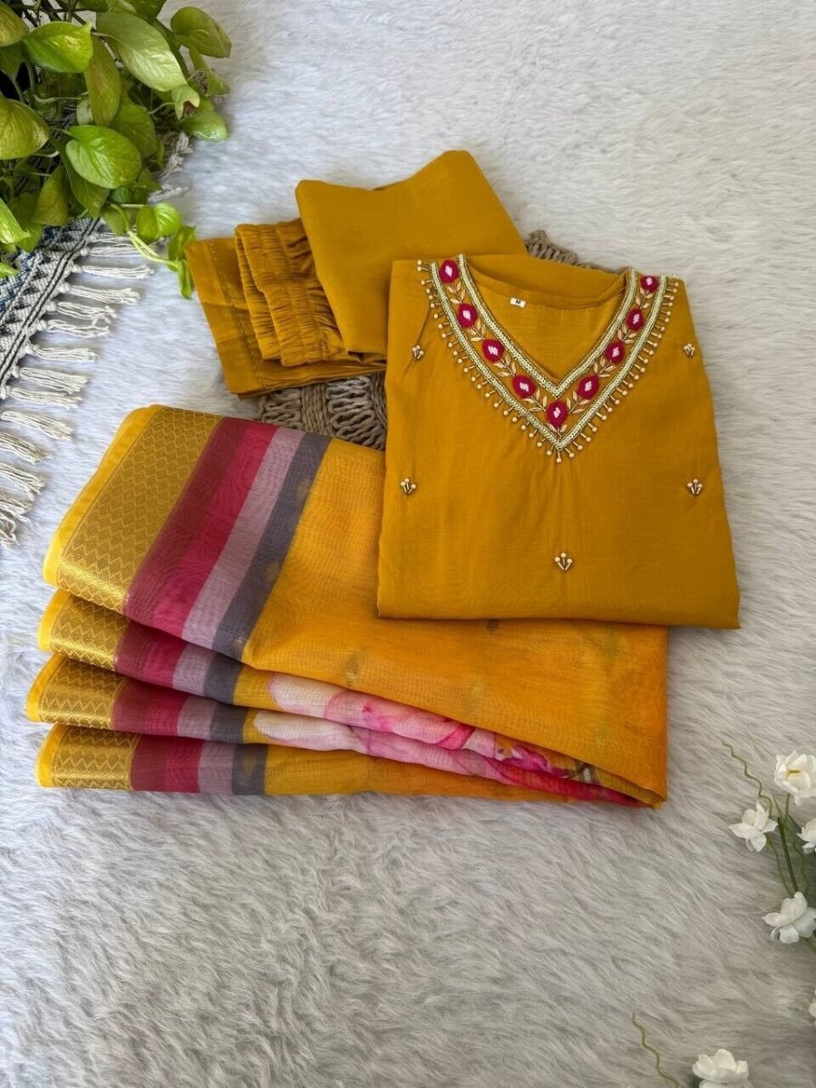 Roman Silk Kurti Pant Dupatta Set – Handwork Detailing Salwar kameez Jacquard - 001FASHIONFORWARD