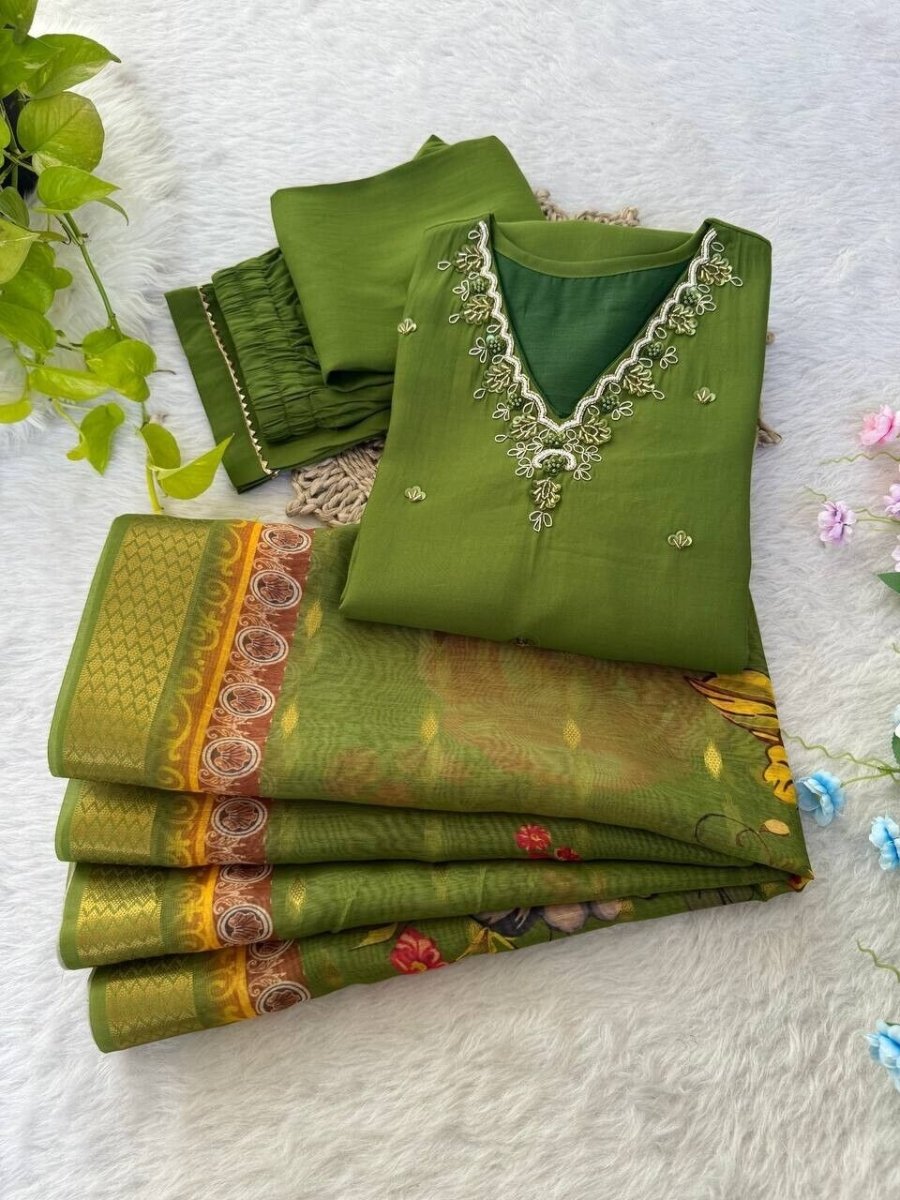 Roman Silk Kurti Pant Dupatta Set – Handwork Detailing Salwar kameez Jacquard - 001FASHIONFORWARD