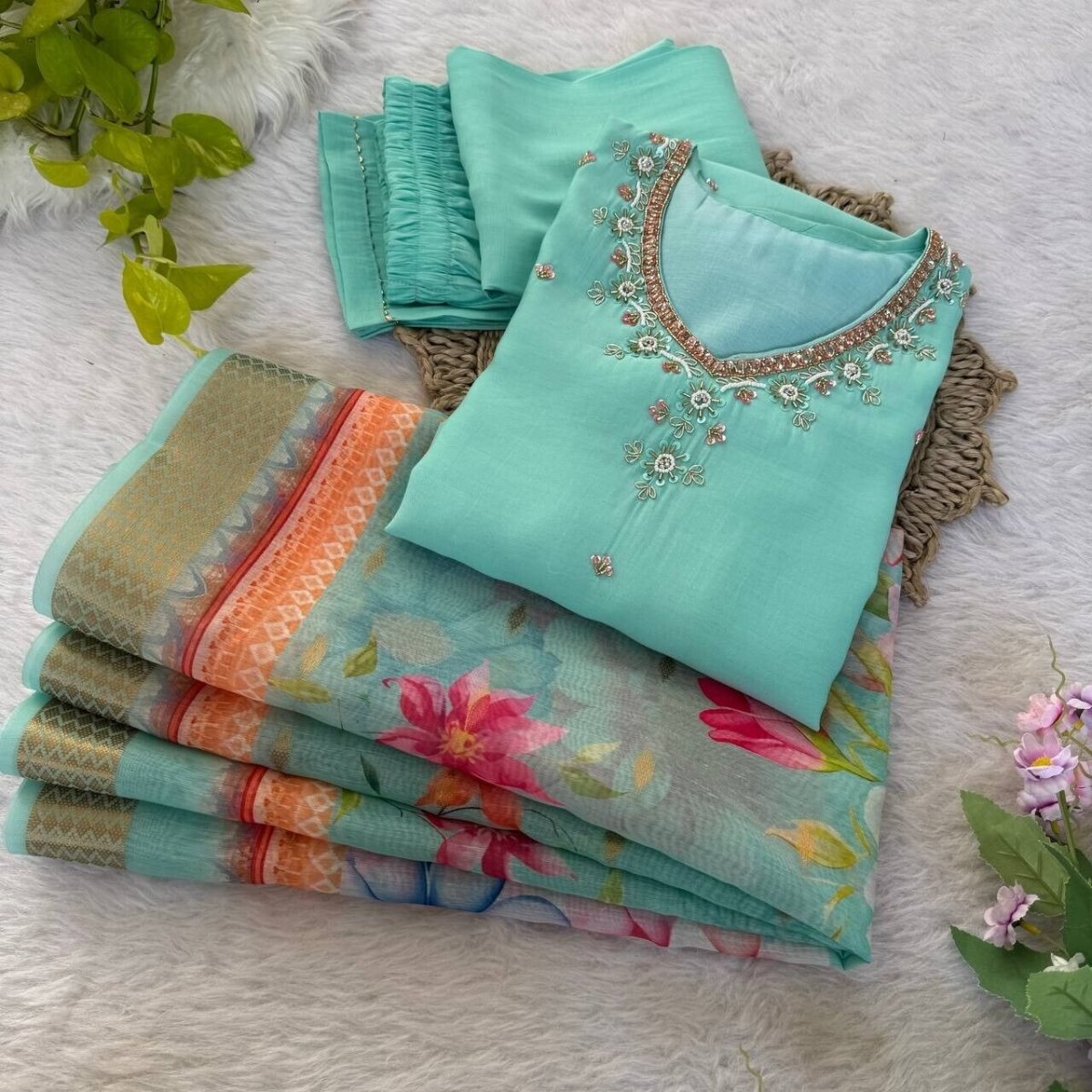 Roman Silk Kurti Pant Dupatta Set – Handwork Detailing Salwar kameez Jacquard - 001FASHIONFORWARD