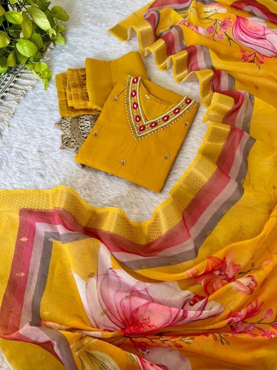 Roman Silk Kurti Pant Dupatta Set – Handwork Detailing Salwar kameez Jacquard - 001FASHIONFORWARD