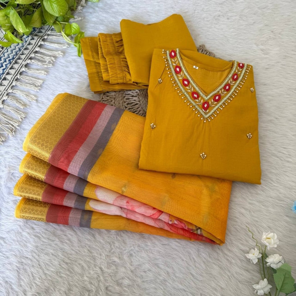 Roman Silk Kurti Pant Dupatta Set – Handwork Detailing Salwar kameez Jacquard - 001FASHIONFORWARD