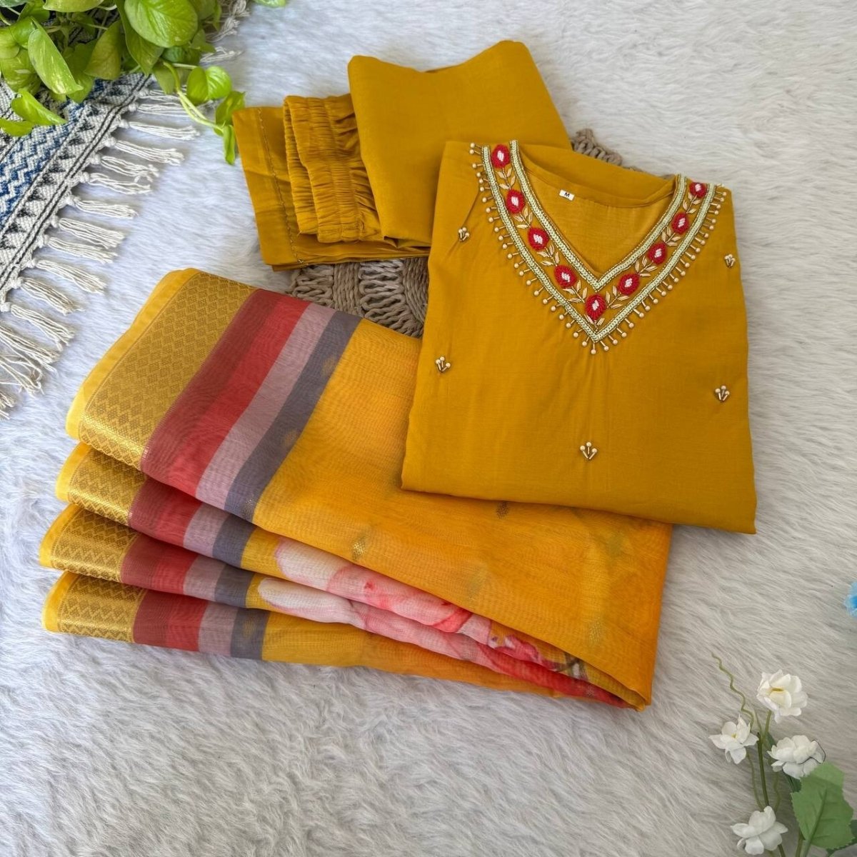 Roman Silk Kurti Pant Dupatta Set – Handwork Detailing Salwar kameez Jacquard - 001FASHIONFORWARD