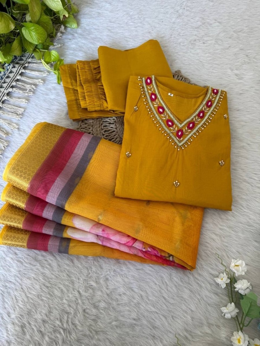 Roman Silk Kurti Pant Dupatta Set – Handwork Detailing Salwar kameez Jacquard - 001FASHIONFORWARD