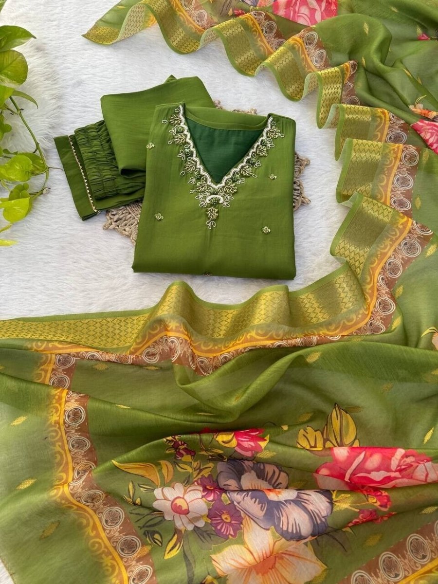 Roman Silk Kurti Pant Dupatta Set – Handwork Detailing Salwar kameez Jacquard - 001FASHIONFORWARD