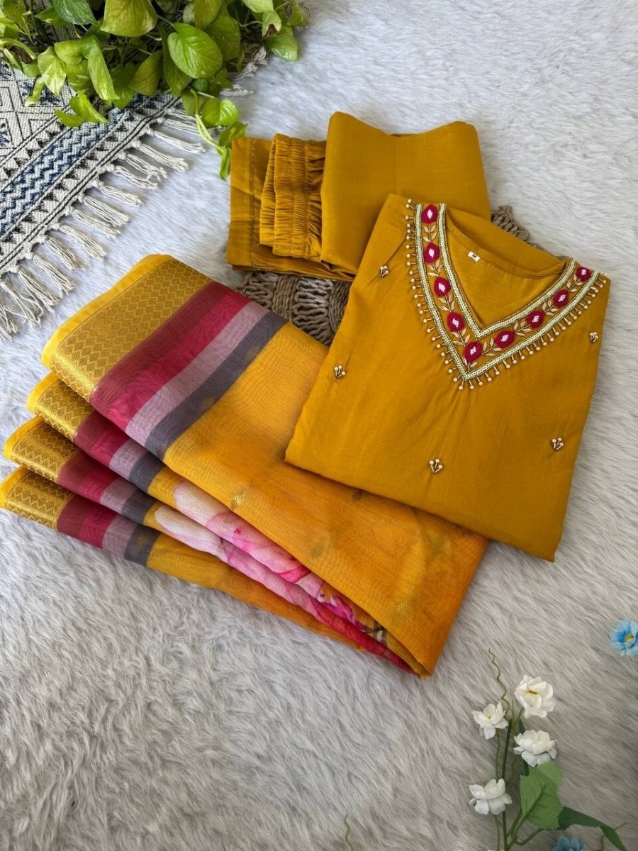 Roman Silk Kurti Pant Dupatta Set – Handwork Detailing Salwar kameez Jacquard - 001FASHIONFORWARD