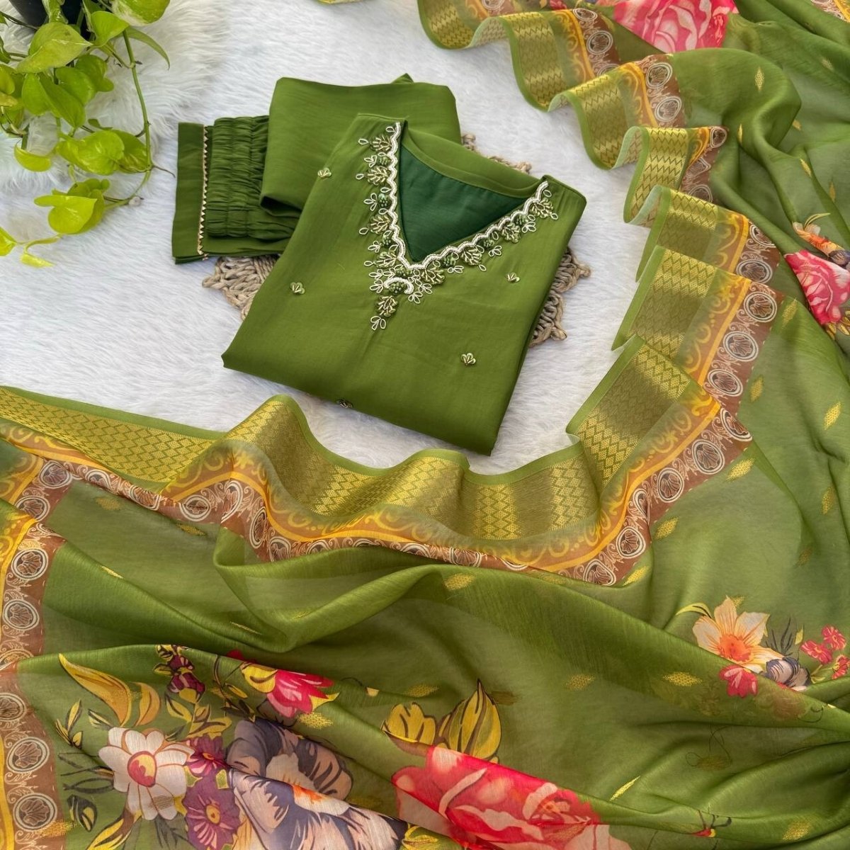 Roman Silk Kurti Pant Dupatta Set – Handwork Detailing Salwar kameez Jacquard - 001FASHIONFORWARD