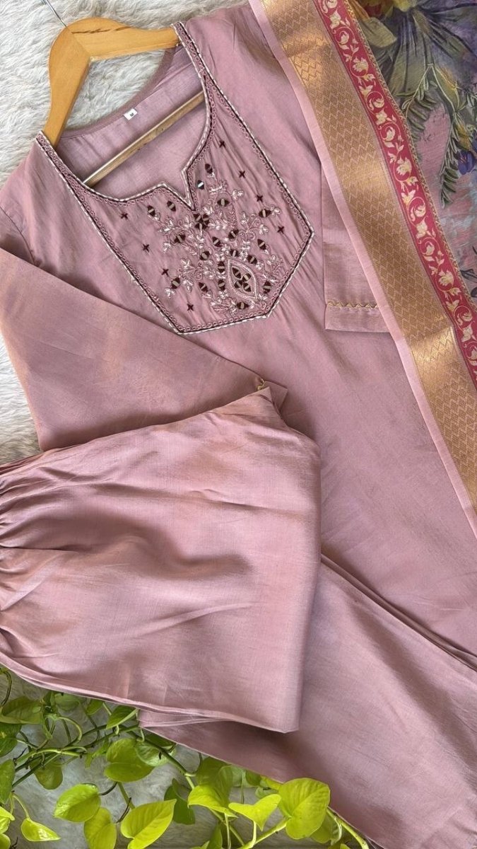 Roman Silk Salwar Kameez Set with Chanderi Dupatta – Hand Embroidered 3 - Piece - 001FASHIONFORWARD