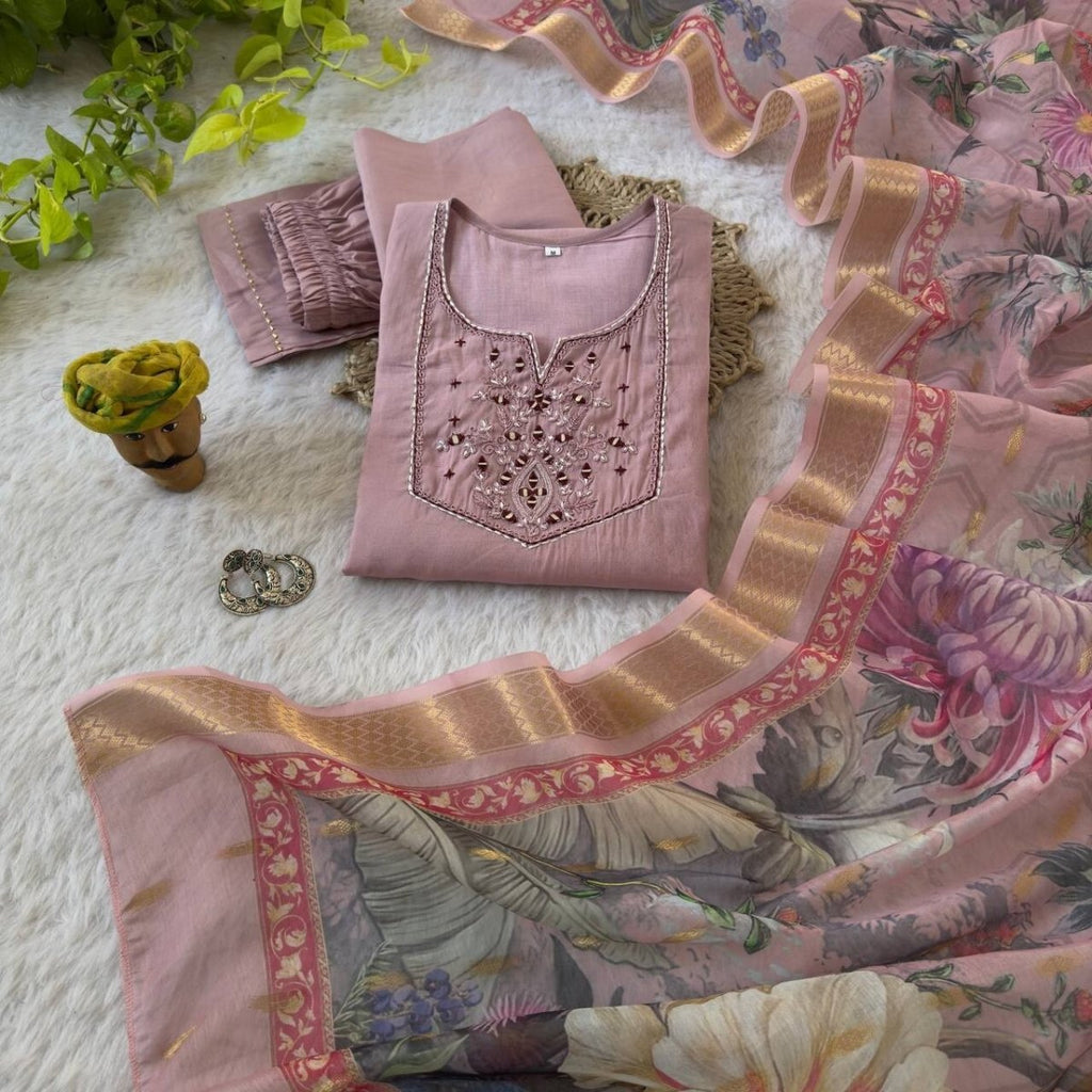 Roman Silk Salwar Kameez Set with Chanderi Dupatta – Hand Embroidered 3 - Piece - 001FASHIONFORWARD