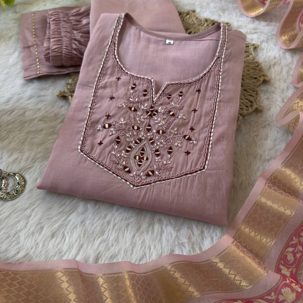 Roman Silk Salwar Kameez Set with Chanderi Dupatta – Hand Embroidered 3 - Piece - 001FASHIONFORWARD