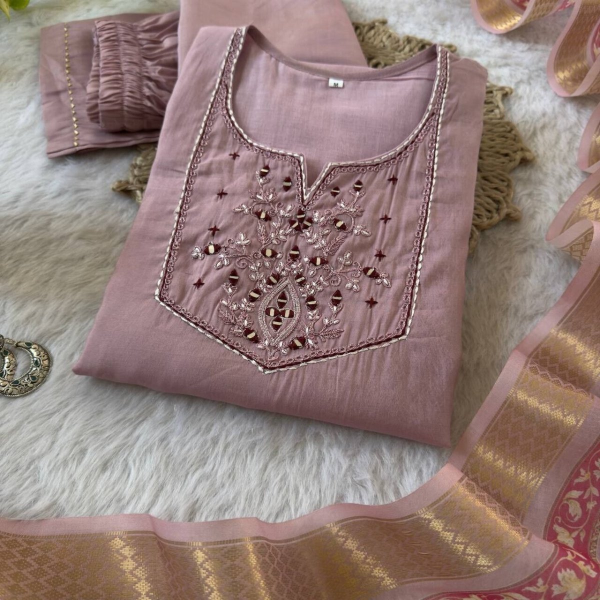 Roman Silk Salwar Kameez Set with Chanderi Dupatta – Hand Embroidered 3 - Piece - 001FASHIONFORWARD