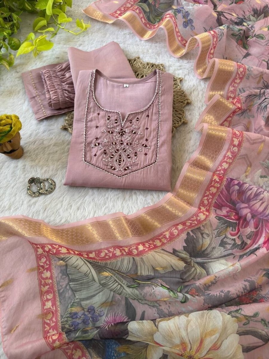 Roman Silk Salwar Kameez Set with Chanderi Dupatta – Hand Embroidered 3 - Piece - 001FASHIONFORWARD