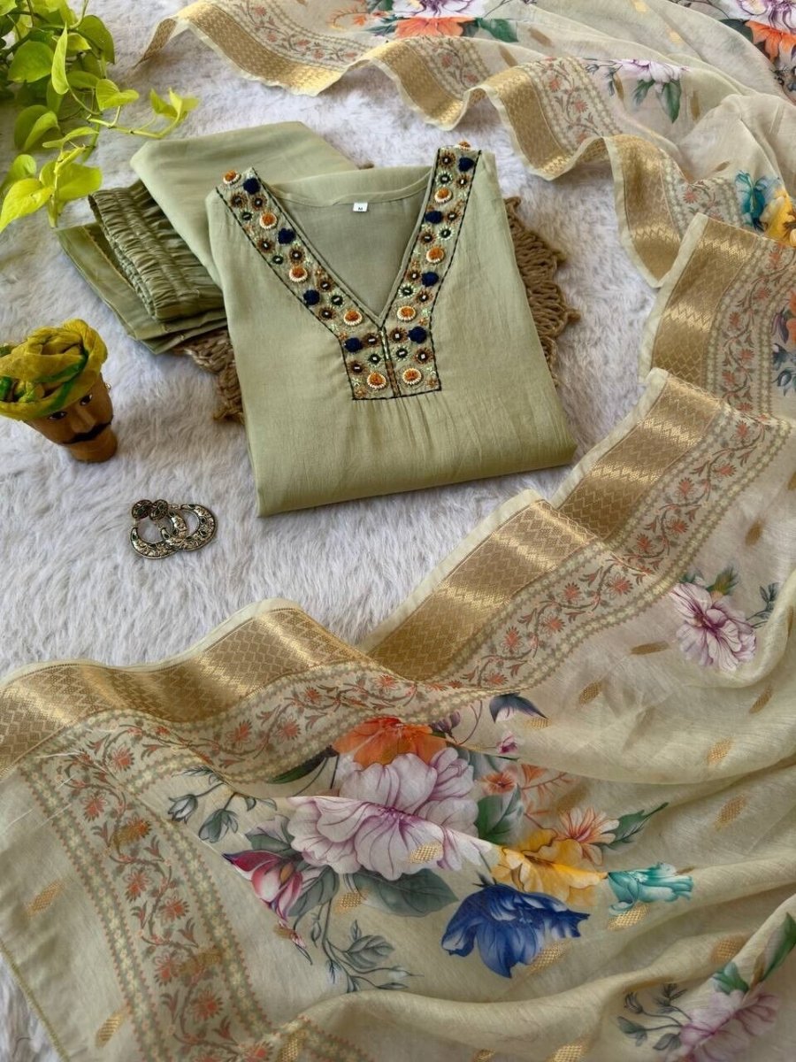 Roman Silk Salwar Kameez Set with Chanderi Dupatta – Hand Embroidered 3 - Piece - 001FASHIONFORWARD