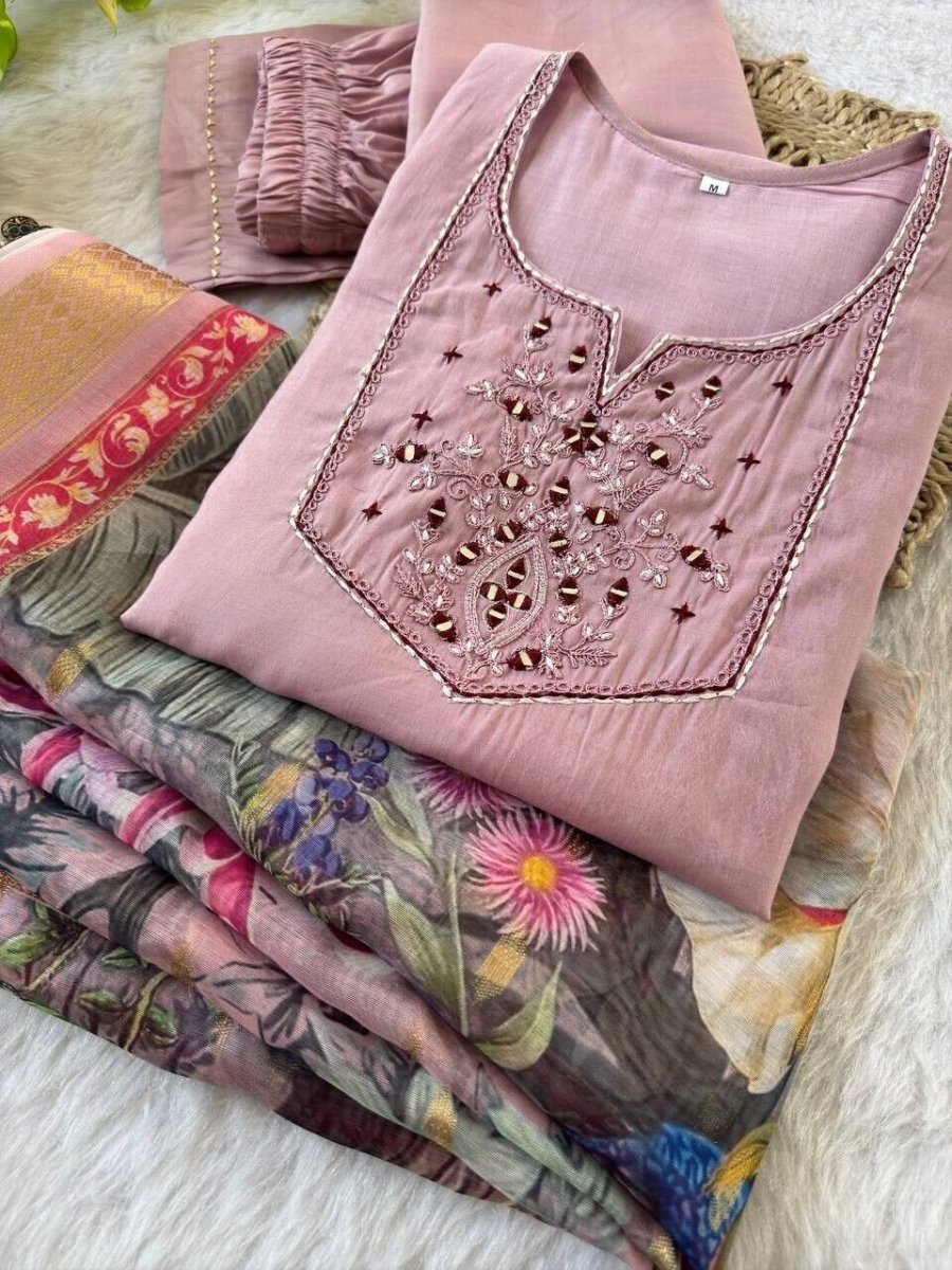 Roman Silk Salwar Kameez Set with Chanderi Dupatta – Hand Embroidered 3 - Piece - 001FASHIONFORWARD