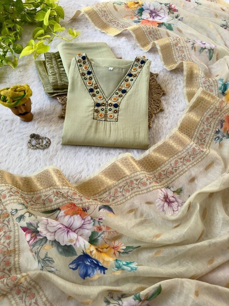 Roman Silk Salwar Kameez Set with Chanderi Dupatta – Hand Embroidered 3 - Piece - 001FASHIONFORWARD