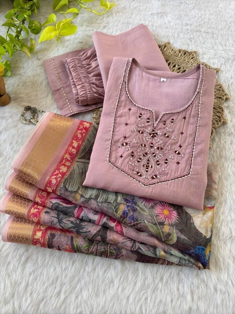 Roman Silk Salwar Kameez Set with Chanderi Dupatta – Hand Embroidered 3 - Piece - 001FASHIONFORWARD