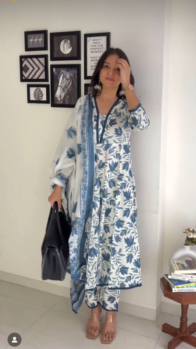 Salwar Kameez Indian A - line Kurta Set – Pure Cotton with Floral Digital Print - 001FASHIONFORWARD