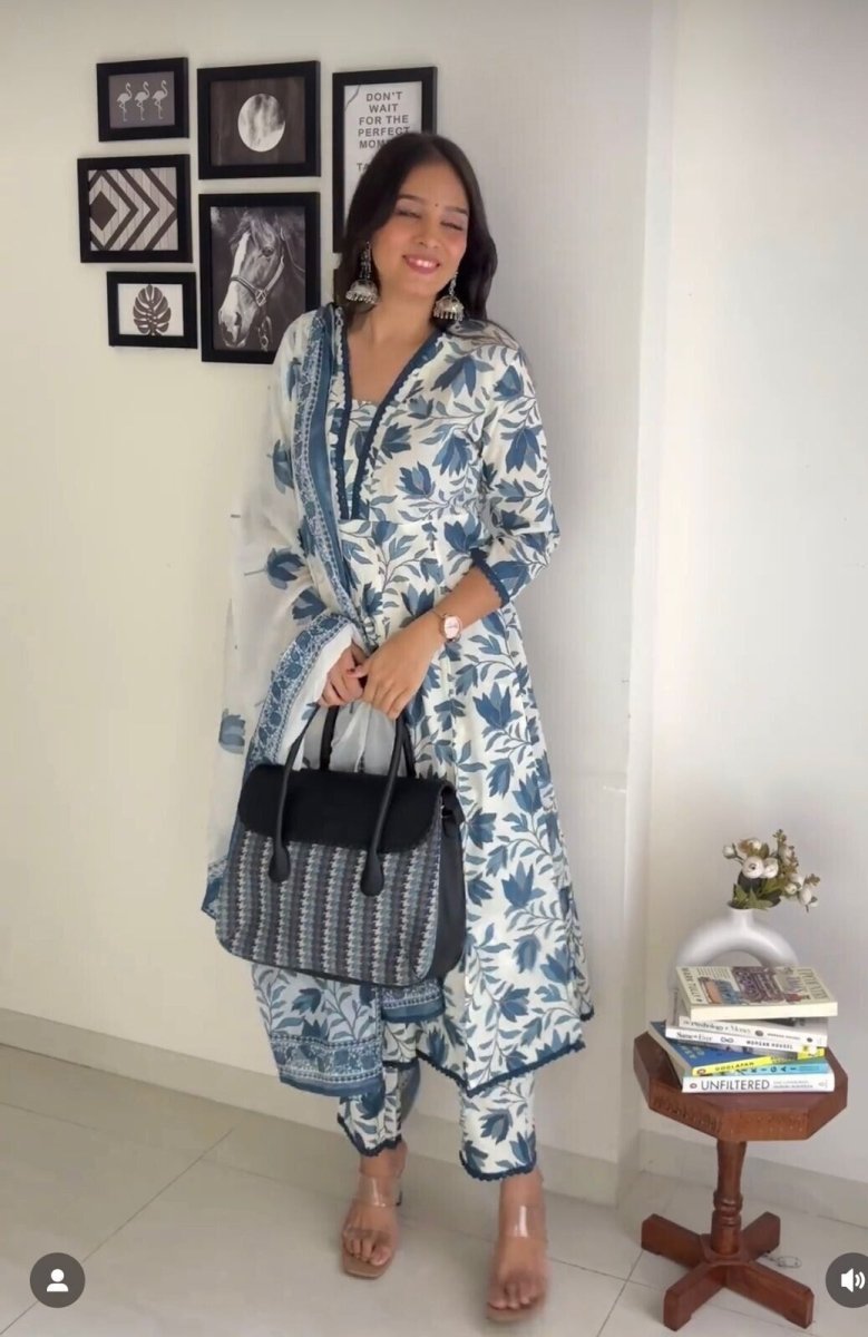 Salwar Kameez Indian A - line Kurta Set – Pure Cotton with Floral Digital Print - 001FASHIONFORWARD
