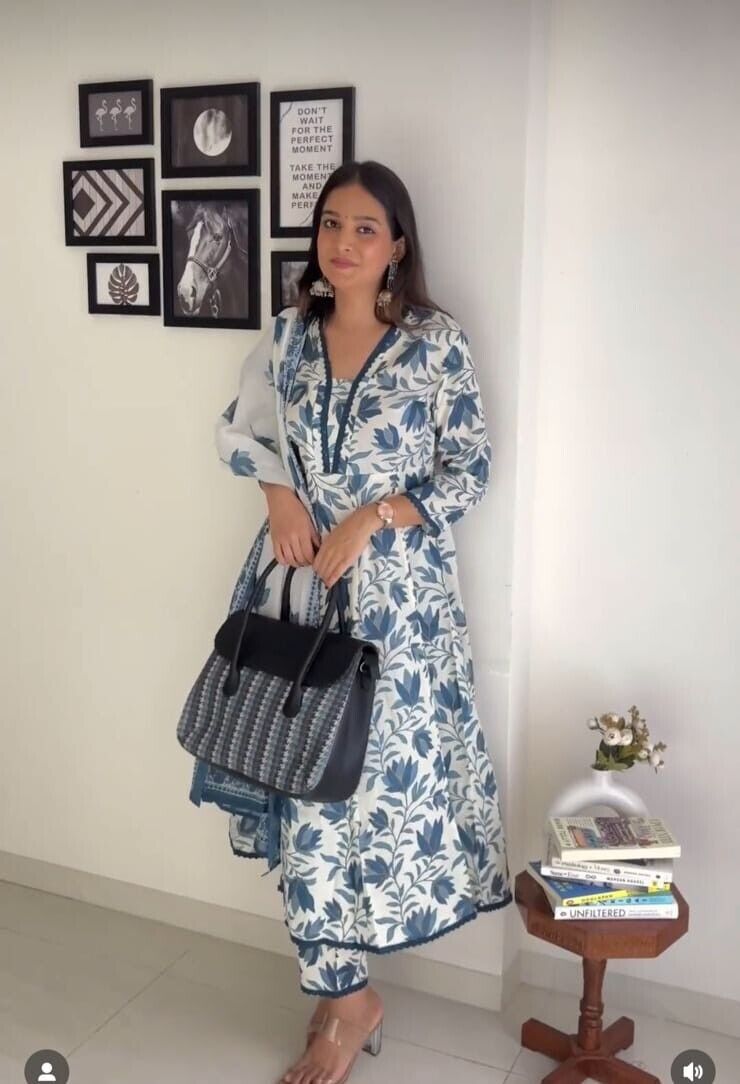 Salwar Kameez Indian A - line Kurta Set – Pure Cotton with Floral Digital Print - 001FASHIONFORWARD