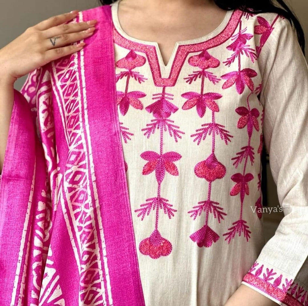 Salwar kameez South Cotton Kurta Set with Khadi Silk Dupatta – Aari Embroiderd - 001FASHIONFORWARD