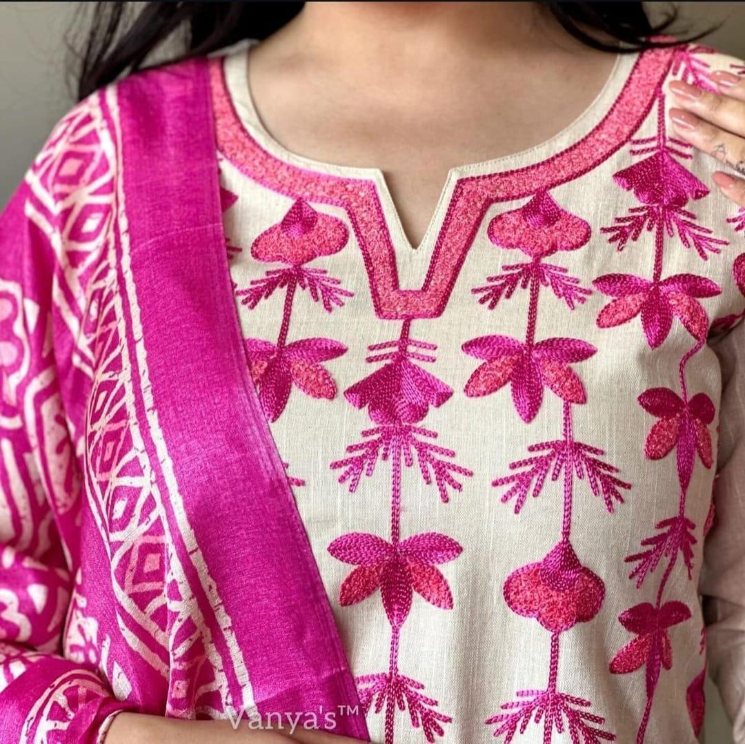 Salwar kameez South Cotton Kurta Set with Khadi Silk Dupatta – Aari Embroiderd - 001FASHIONFORWARD