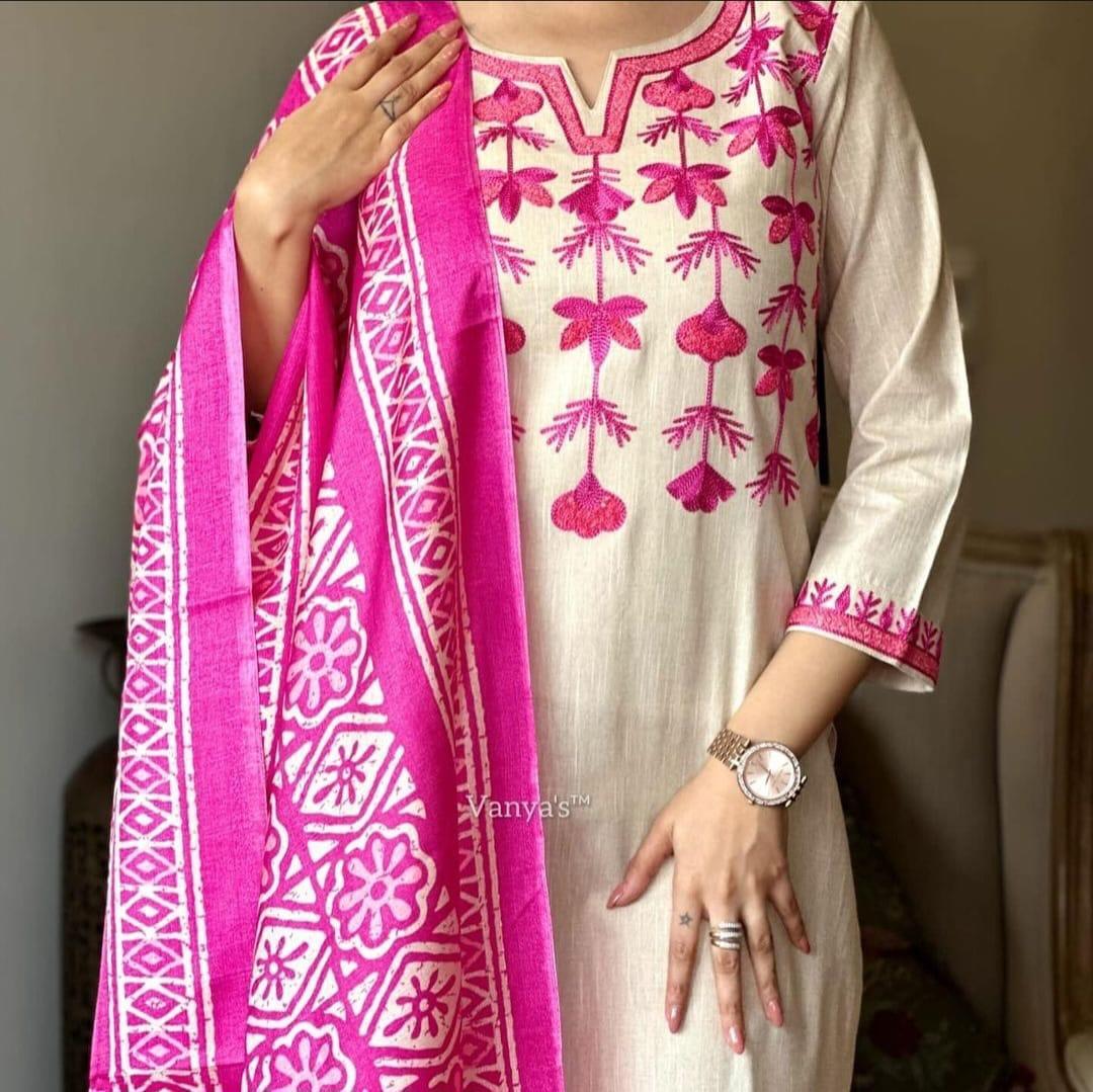 Salwar kameez South Cotton Kurta Set with Khadi Silk Dupatta – Aari Embroiderd - 001FASHIONFORWARD