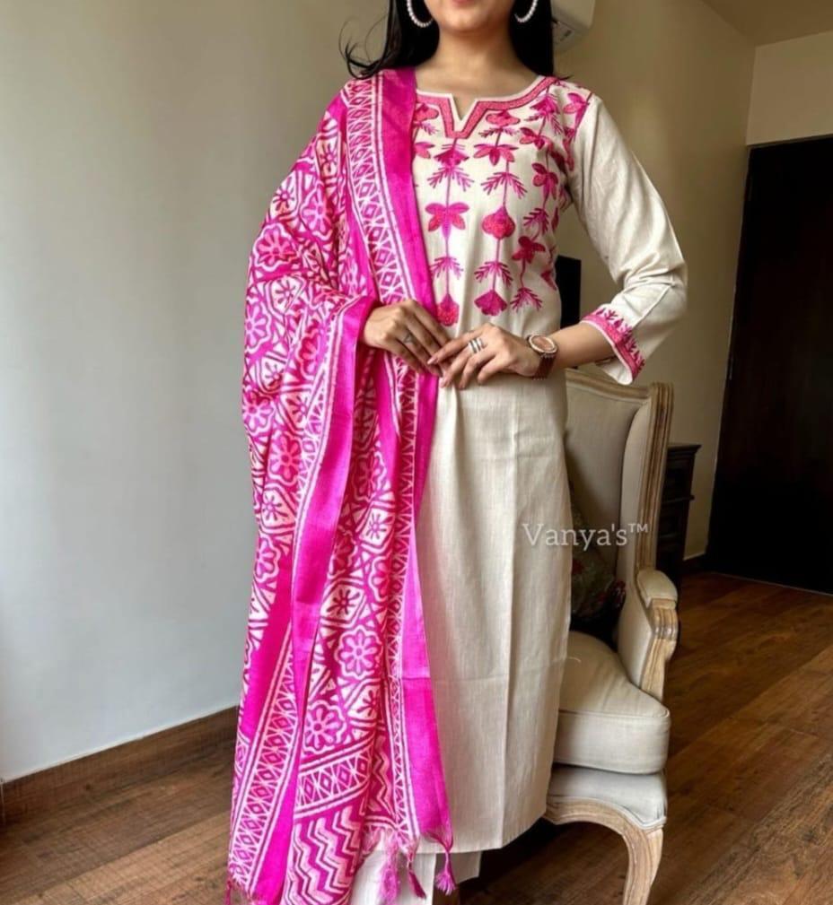 Salwar kameez South Cotton Kurta Set with Khadi Silk Dupatta – Aari Embroiderd - 001FASHIONFORWARD