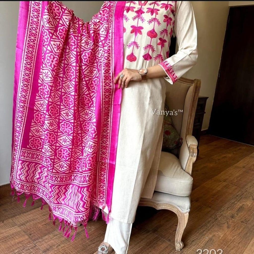 Salwar kameez South Cotton Kurta Set with Khadi Silk Dupatta – Aari Embroiderd - 001FASHIONFORWARD